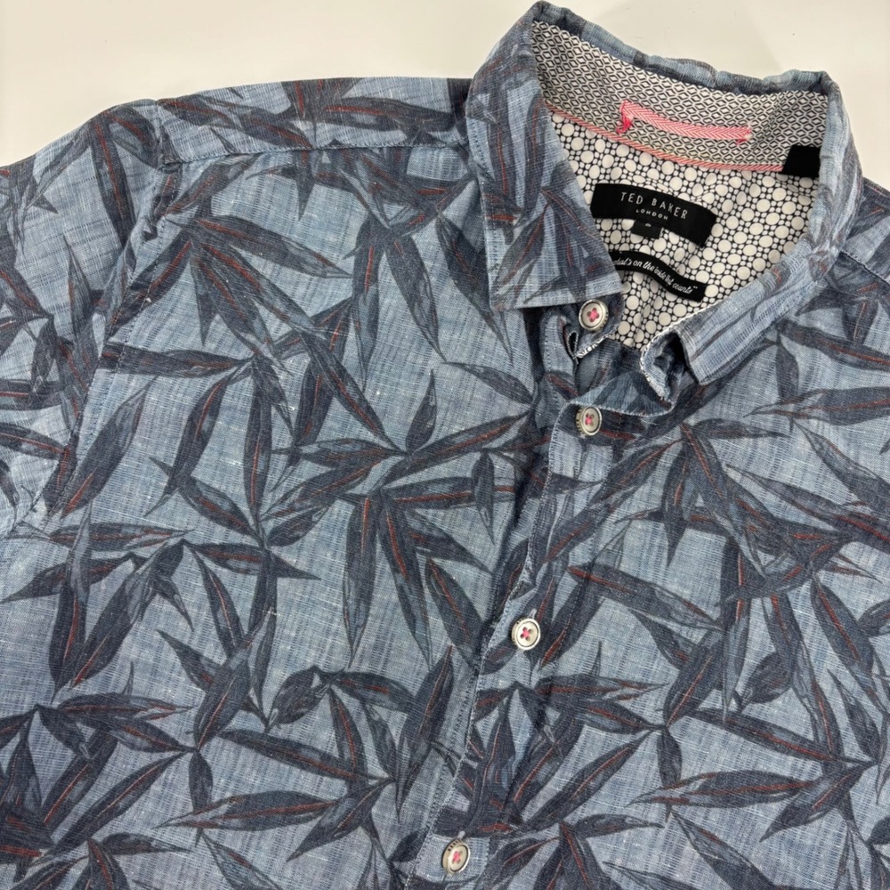 Ted Baker Button Down Shirt Womens Size 2 Blue Bamboo Print Preppy Short Sleeve